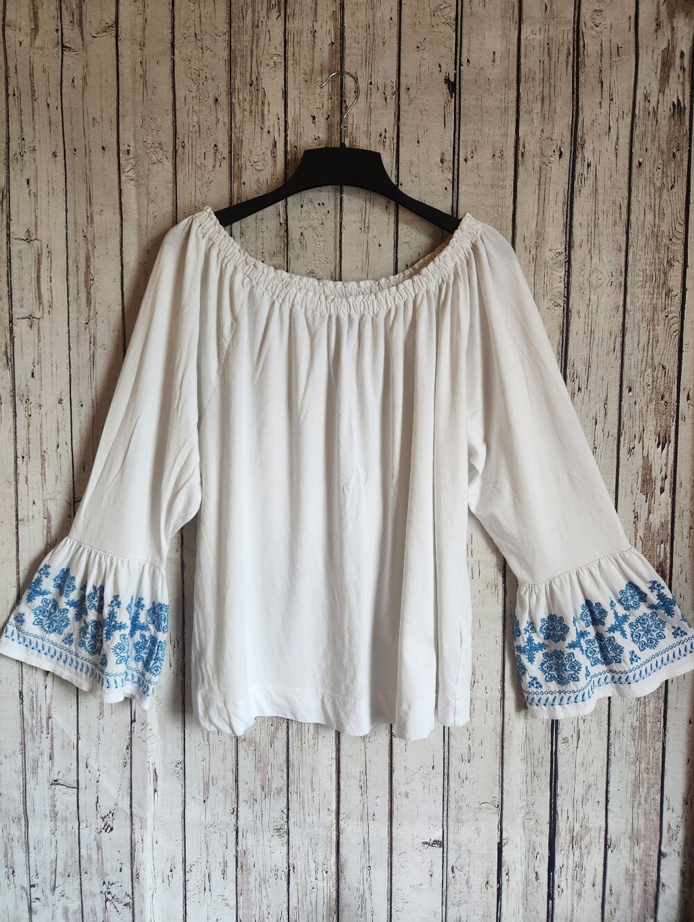​Chaps White Embroidered Bell Sleeve Off-Shoulder Boho Top Sz XL
